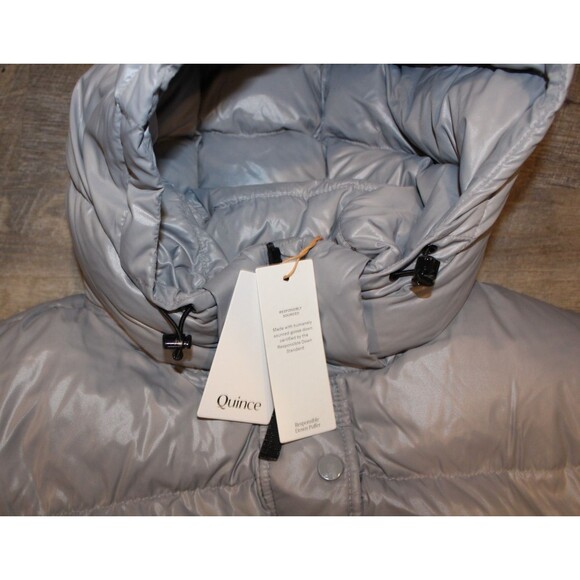 QUINCE Responsible Down Quilted Puffer Hooded Long Jacket FEATHER GRAY SZ L NWT - Picture 5 of 10